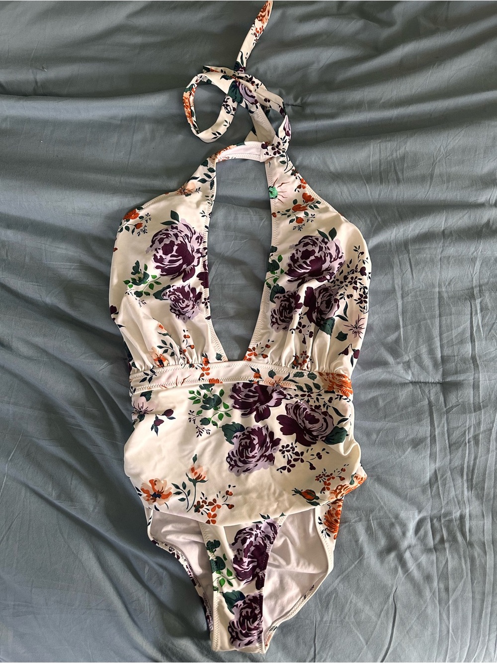 Cupshe Cream Halter One-Piece Swimsuit with Purple & Orange Floral Print